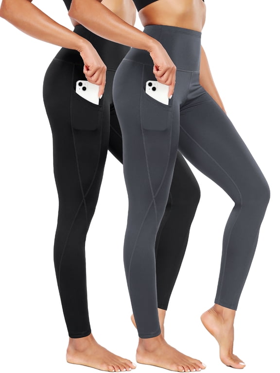 Womens High Waist Running Workout Yoga Leggings with Side Pocket,Black+Gray,US Size M