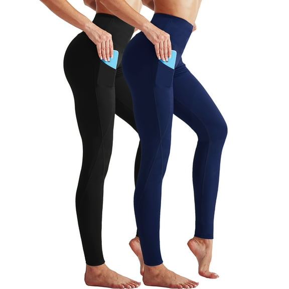NELEUS Womens High Waist Running Workout Yoga Leggings with Side Pocket,Black Navy Blue,US Size 2XL