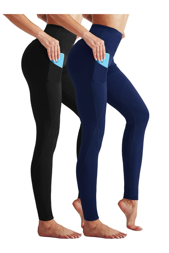 Womens High Waist Running Workout Yoga Leggings with Side Pocket,Black+Navy Blue,US Size M