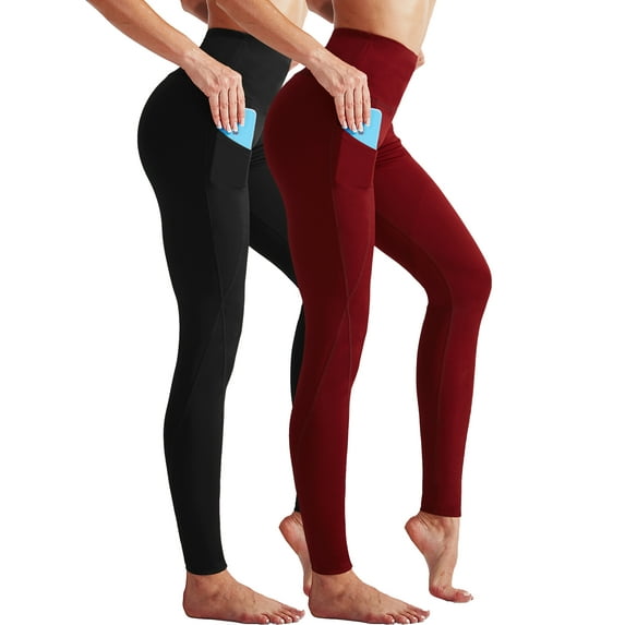 NELEUS Womens High Waist Running Workout Yoga Leggings with Side Pocket,Black+Red,US Size L