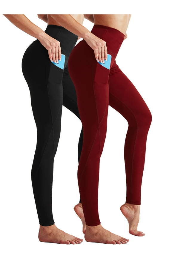 Womens High Waist Running Workout Yoga Leggings with Side Pocket,Black+Red,US Size XL