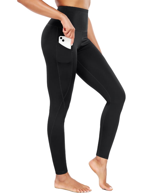 Womens High Waist Running Workout Yoga Leggings with Side Pocket,Black,US Size L