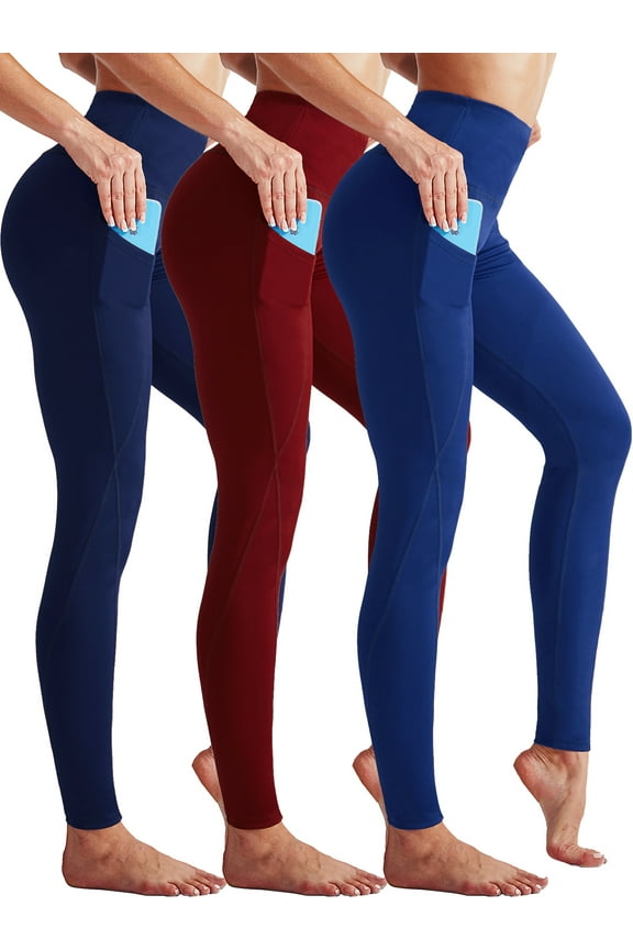 Womens High Waist Running Workout Yoga Leggings with Side Pocket,Navy Blue+Blue+Red,US Size M