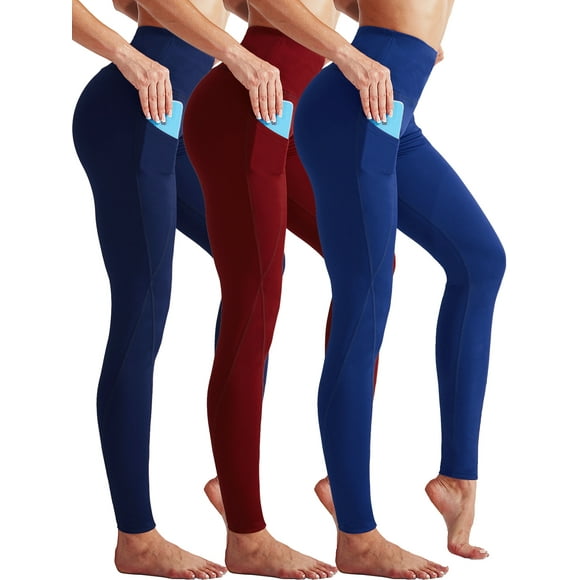 NELEUS Womens High Waist Running Workout Yoga Leggings with Side Pocket,Navy Blue+Blue+Red,US Size S