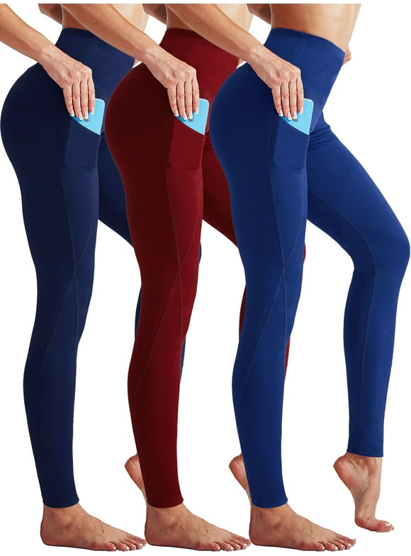 Womens High Waist Running Workout Yoga Leggings with Side Pocket,Navy Blue+Blue+Red,US Size S