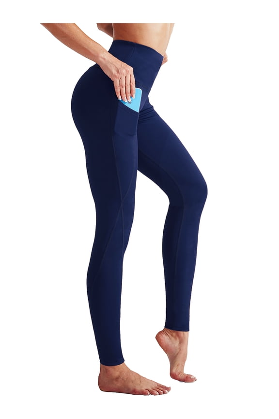 Womens High Waist Running Workout Yoga Leggings with Side Pocket,Navy Blue,US Size XL
