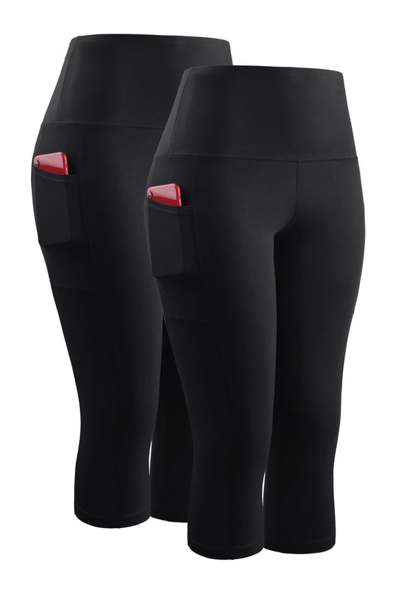 Womens Plus Size High Waist Yoga Capris Tummy Control Workout Stretch Capri Leggings with Pockets,Black+Black,US Size 2XL