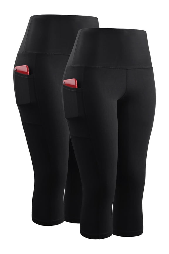 Womens High Waist Yoga Capris Tummy Control Workout Stretch Capri Leggings with Pockets,Black+Black,US Size XL