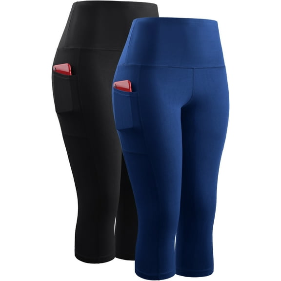NELEUS Womens High Waist Yoga Capris Tummy Control Workout Stretch Capri Leggings with Pockets,Black Blue,US Size 2XL