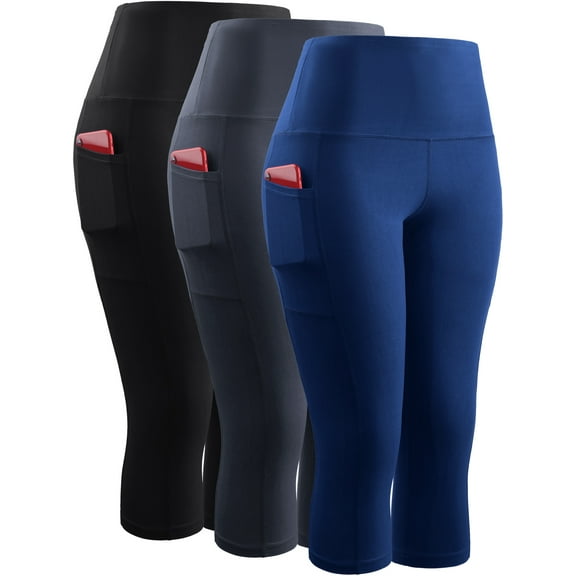 NELEUS Womens High Waist Yoga Capris Tummy Control Workout Stretch Capri Leggings with Pockets,Black Gray Blue,US Size 2XL