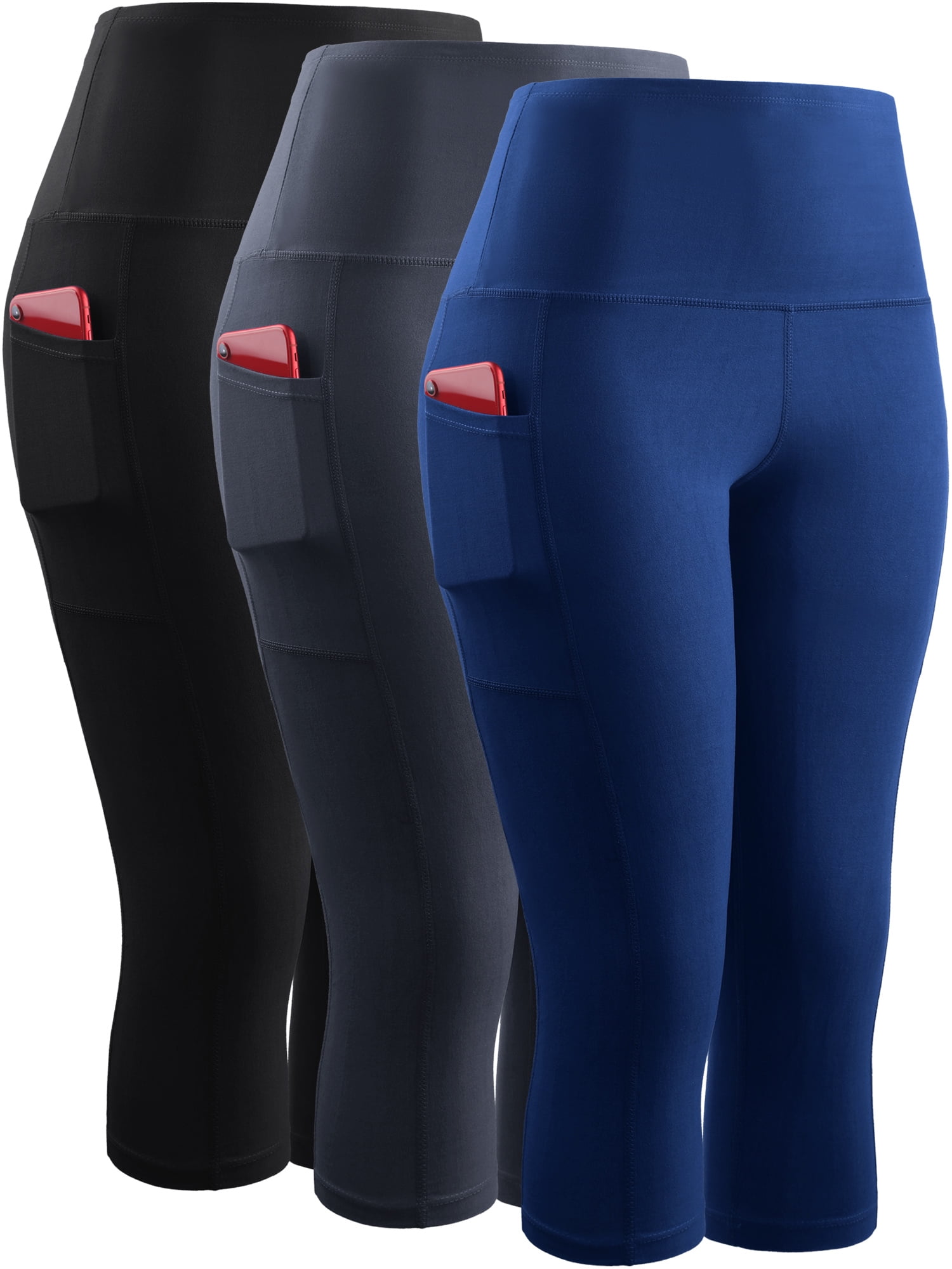 Womens High Waist Yoga Capris Tummy Control Workout Stretch Capri Leggings with Pockets,Black+Gray+Blue,US Size XL