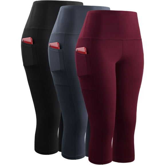 NELEUS Womens High Waist Yoga Capris Tummy Control Workout Stretch Capri Leggings with Pockets,Black+Gray+Red,US Size L