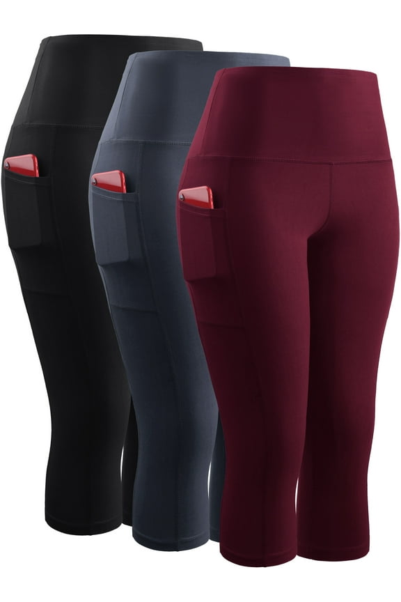 Womens High Waist Yoga Capris Tummy Control Workout Stretch Capri Leggings with Pockets,Black+Gray+Red,US Size S