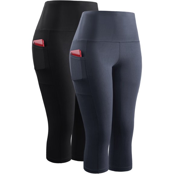 NELEUS Womens High Waist Yoga Capris Tummy Control Workout Stretch Capri Leggings with Pockets,Black+Gray,US Size S