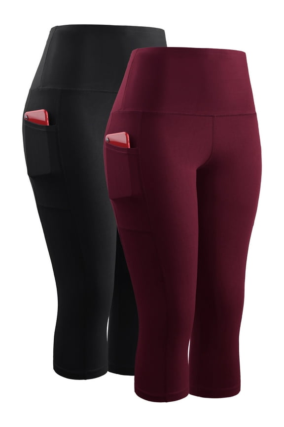Womens High Waist Yoga Capris Tummy Control Workout Stretch Capri Leggings with Pockets,Black+Red,US Size 2XL