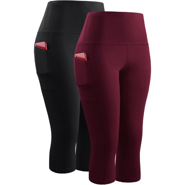 NELEUS Womens High Waist Yoga Capris Tummy Control Workout Stretch Capri Leggings with Pockets,Black+Red,US Size L