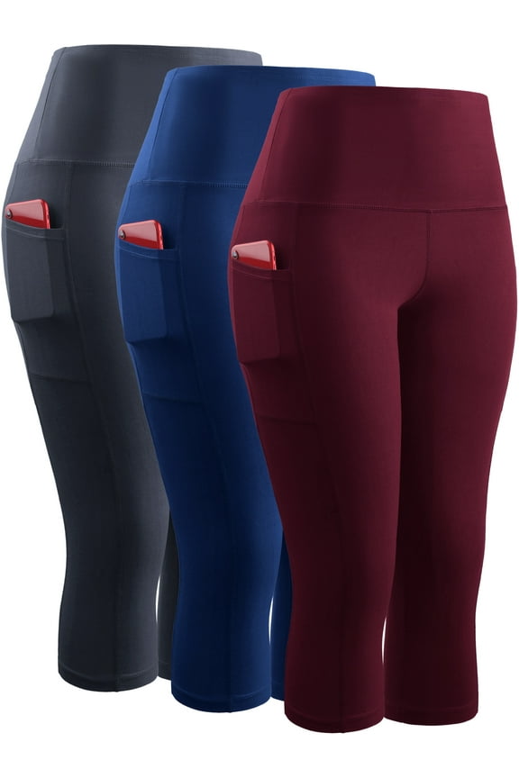 Womens High Waist Yoga Capris Tummy Control Workout Stretch Capri Leggings with Pockets,Gray+Blue+Red,US Size M