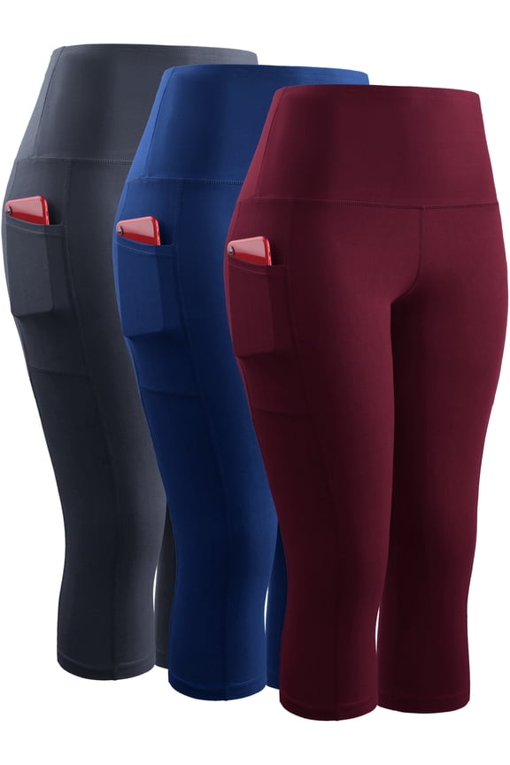 Womens High Waist Yoga Capris Tummy Control Workout Stretch Capri Leggings with Pockets,Gray+Blue+Red,US Size XL
