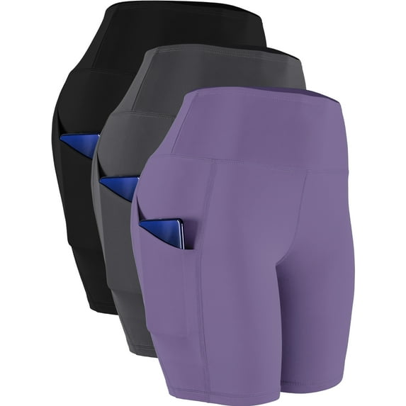 NELEUS Womens High Waist Yoga Shorts for Bike Compression Two Side Pockets 3 Packs,Black+Gray+Light Purple,US Size 3XL