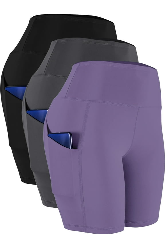 Womens High Waist Yoga Shorts for Bike Compression Two Side Pockets 3 Packs,Black+Gray+Light Purple,US Size S