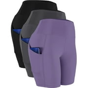 NELEUS Womens High Waist Yoga Shorts for Bike Compression Two Side Pockets 3 Packs,Black+Gray+Light Purple,US Size XL
