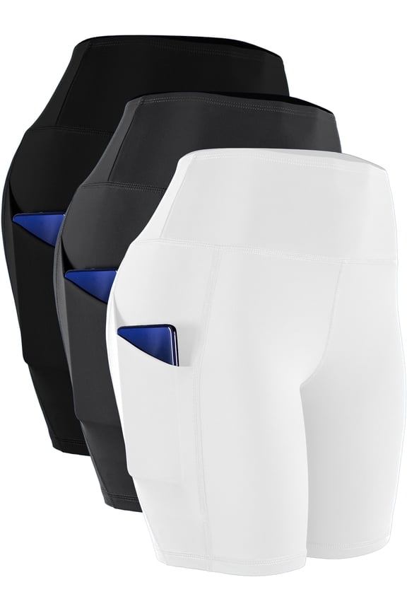 Womens High Waist Yoga Shorts for Bike Compression Two Side Pockets 3 Packs,Black+Gray+White,US Size L