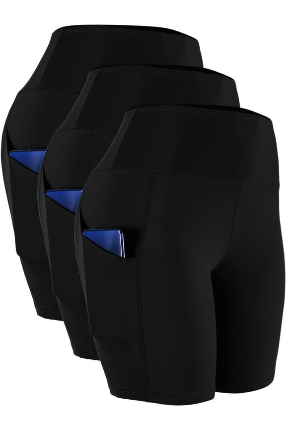 Womens High Waist Yoga Shorts for Bike Compression Two Side Pockets 3 Packs,Black,US Size 2XL