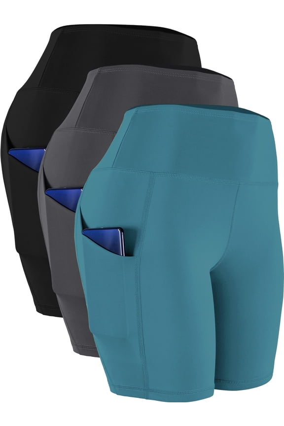 Womens Plus Size High Waist Yoga Shorts for Bike Compression Two Side Pockets 3 Packs,Black+Gray+Light Green,US Size 3XL