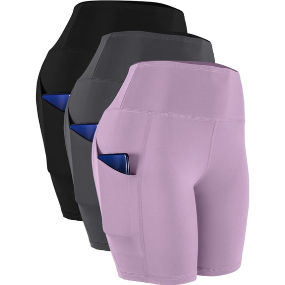NELEUS Womens High Waist Yoga Shorts for Bike Compression Two Side Pockets,Black Gray Light Pink,US Size XL