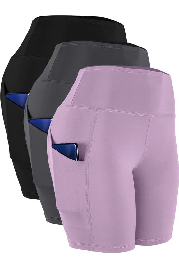 Womens High Waist Yoga Shorts for Bike Compression Two Side Pockets,Black+Gray+Light Pink,US Size XL
