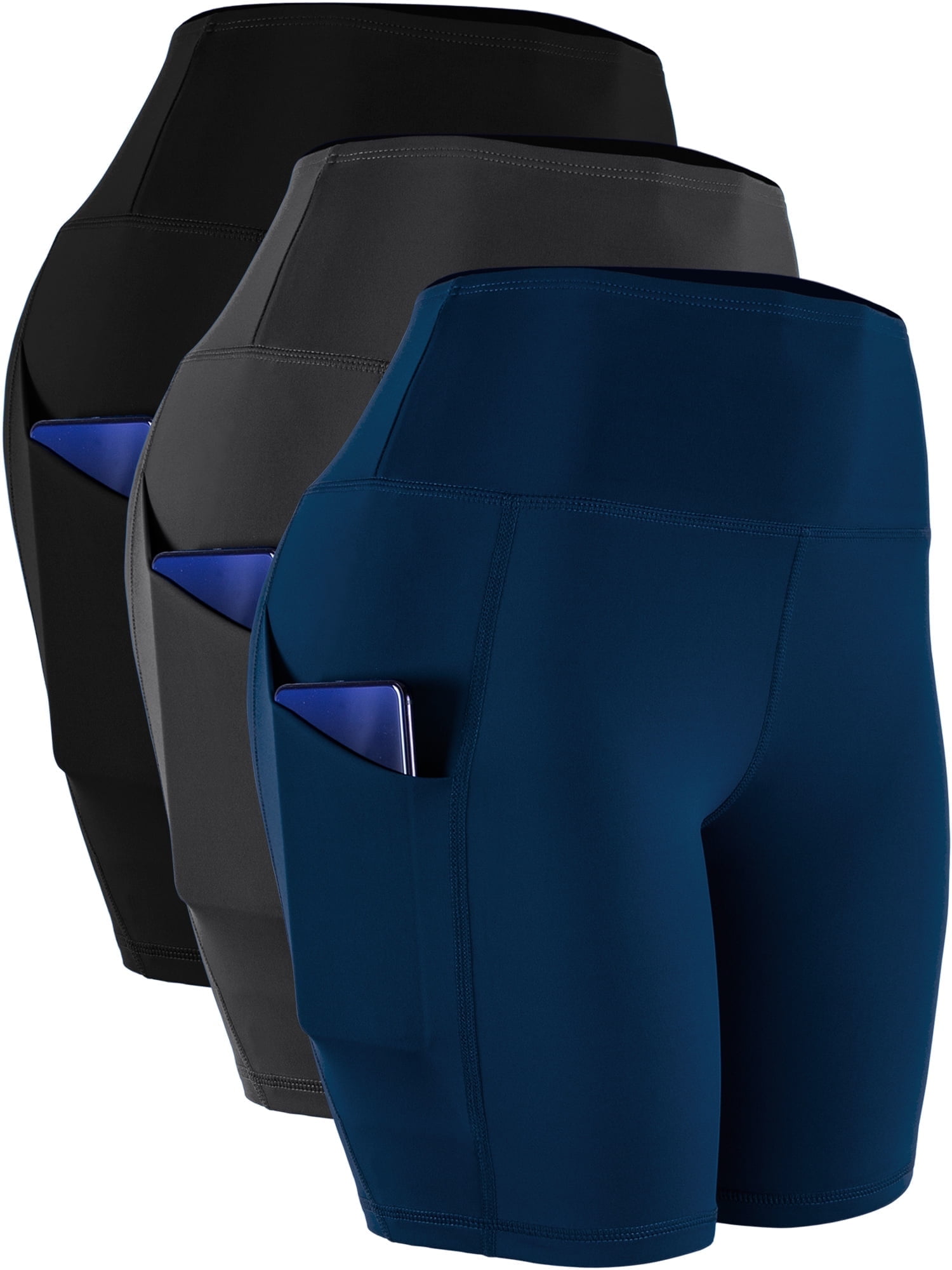 NELEUS Women's 2XL High Waist Yoga Shorts, Bike Running, Side Pockets, Black/Gray/Navy Blue