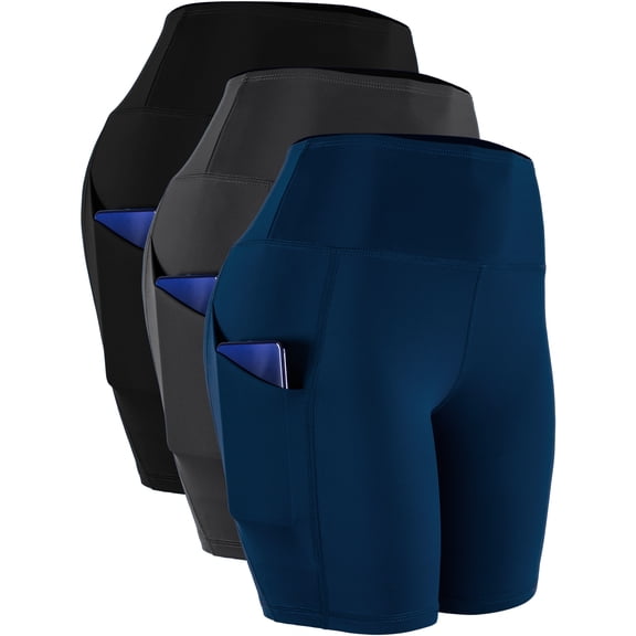 NELEUS Womens Plus Size High Waist Yoga Shorts for Bike Compression Two Side Pockets 3 Packs,Black+Gray+Navy Blue,US Size 3XL