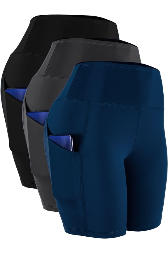 Womens High Waist Yoga Shorts for Bike Compression Two Side Pockets,Black+Gray+Navy Blue,US Size S