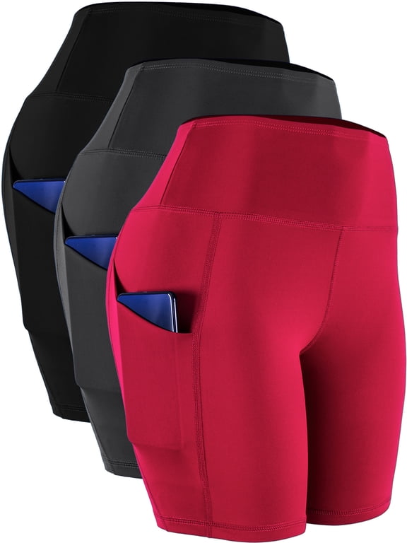 Womens High Waist Yoga Shorts for Bike Compression Two Side Pockets,Black+Gray+Red,US Size S