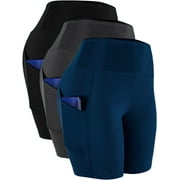 NELEUS Womens High Waist Yoga Shorts for Bike Running Two Side Pockets,Black+Gray+Navy Blue,US Size L