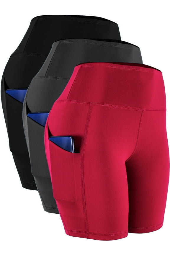 Womens High Waist Yoga Shorts for Bike Running Two Side Pockets,Black+Gray+Red,US Size 2XL