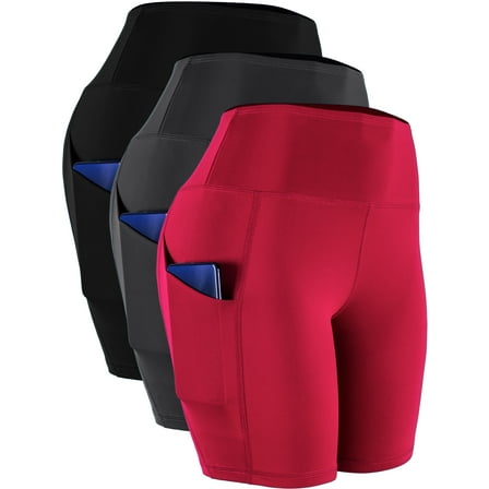 NELEUS Womens High Waist Yoga Shorts for Bike Running Two Side Pockets,Black+Gray+Red,US size 3XL