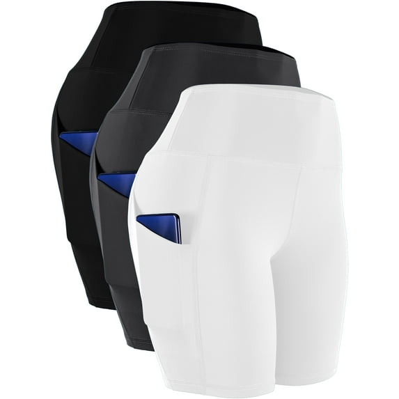 NELEUS Womens High Waist Yoga Shorts for Bike Running Two Side Pockets,Black+Gray+White,US size 2XL