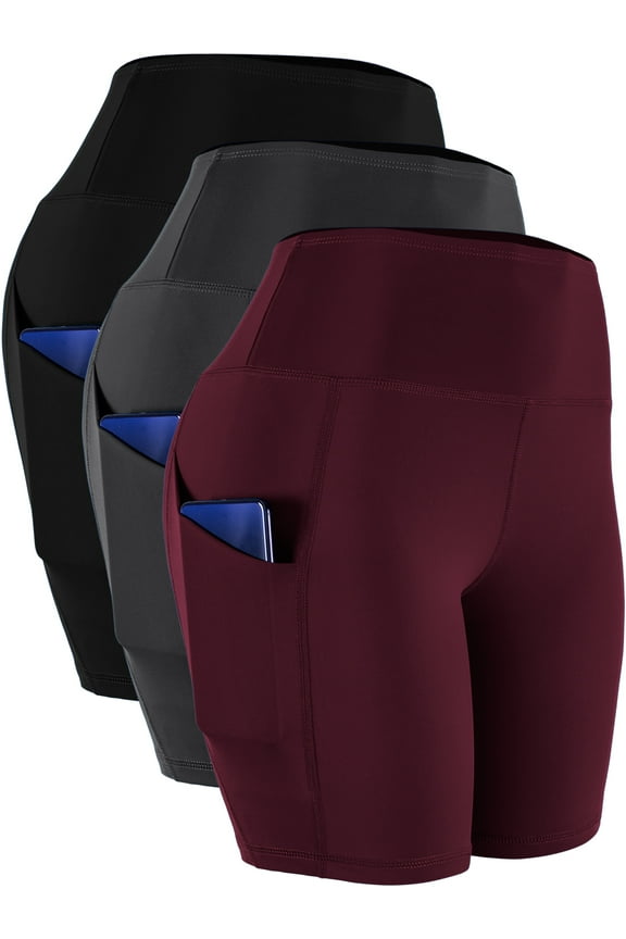 Womens High Waist Yoga Shorts for Bike Running Two Side Pockets,Black+Gray+Wine Red,US size L