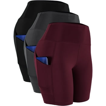 NELEUS Womens High Waist Yoga Shorts for Bike Running Two Side Pockets,Black+Gray+Wine Red,US size S