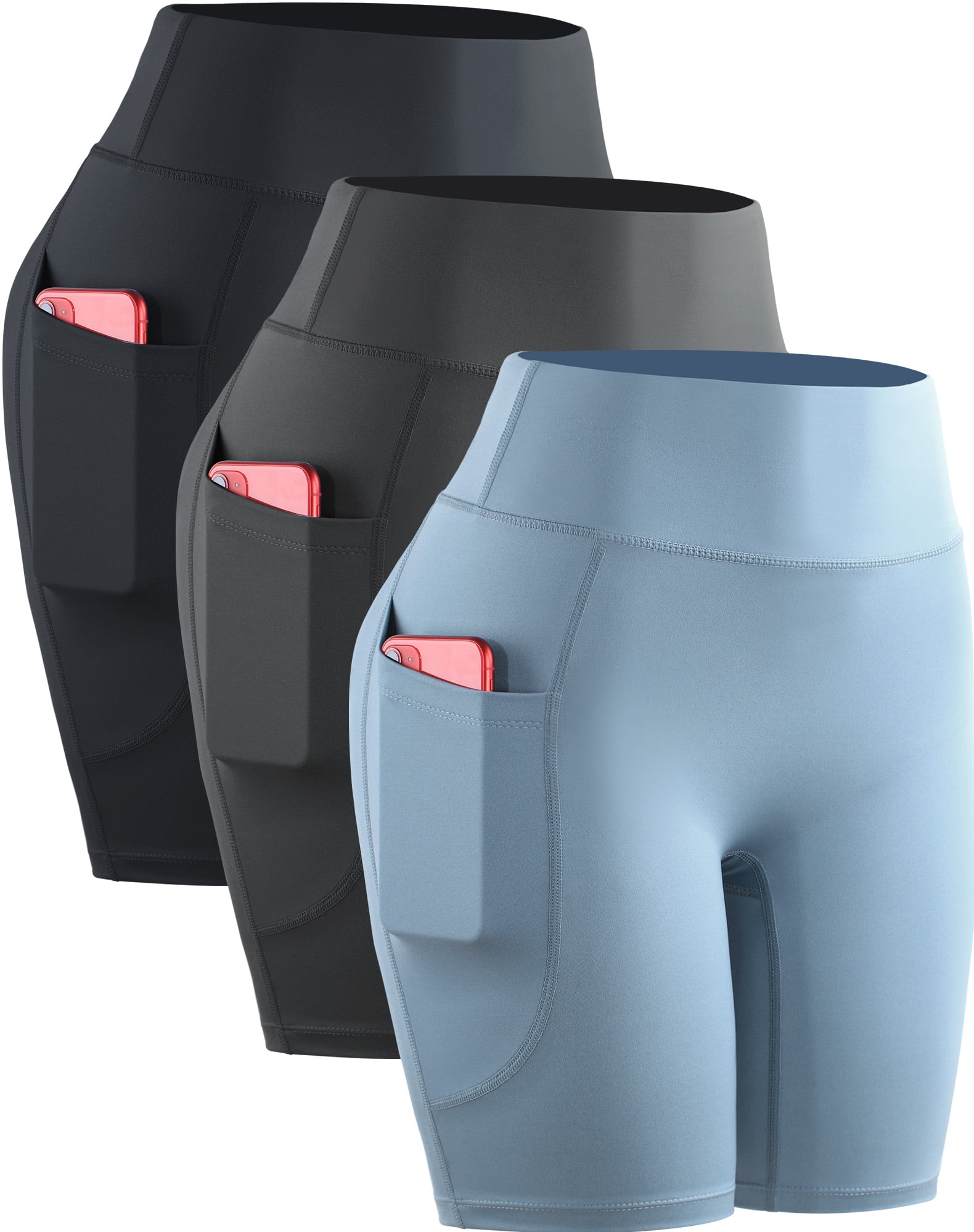 NELEUS Womens High Waist Yoga Shorts for Workout Compression with Pockets,Black+Gray+Light Blue