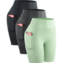 NELEUS Womens High Waist Yoga Shorts for Workout Compression with Pockets,Black+Gray+Light Green,US Size L