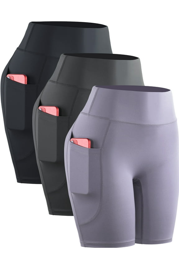 Womens High Waist Yoga Spandex Shorts for Workout Compression with Pockets,Black+Gray+Light Purple,US Size S
