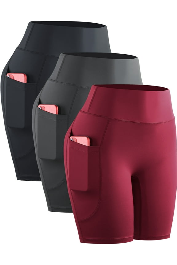 Womens High Waist Yoga Spandex Shorts for Workout Compression with Pockets,Black+Gray+Red,US Size 2XL