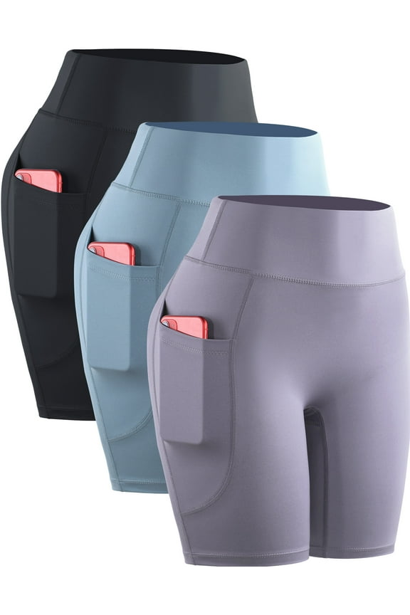 Womens High Waist Yoga Spandex Shorts for Workout Compression with Pockets,Black+Light Blue+Light Purple,US Size 2XL