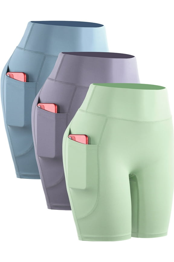 Womens High Waist Yoga Spandex Shorts for Workout Compression with Pockets,Light Blue+Light Purple+Light Green,US Size 2XL