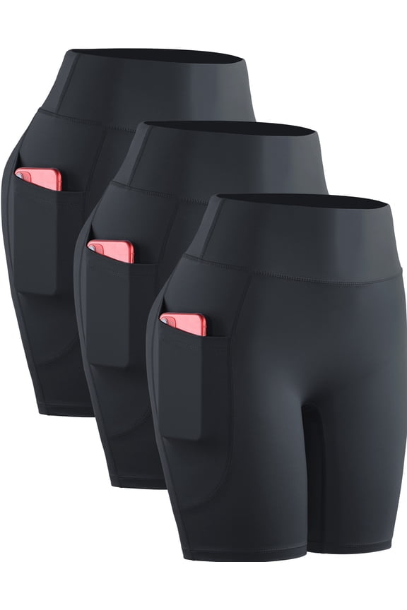 Womens High Waist Yoga Spandex Shorts for Workout Compression with Pockets,3 packs, Black,US Size L