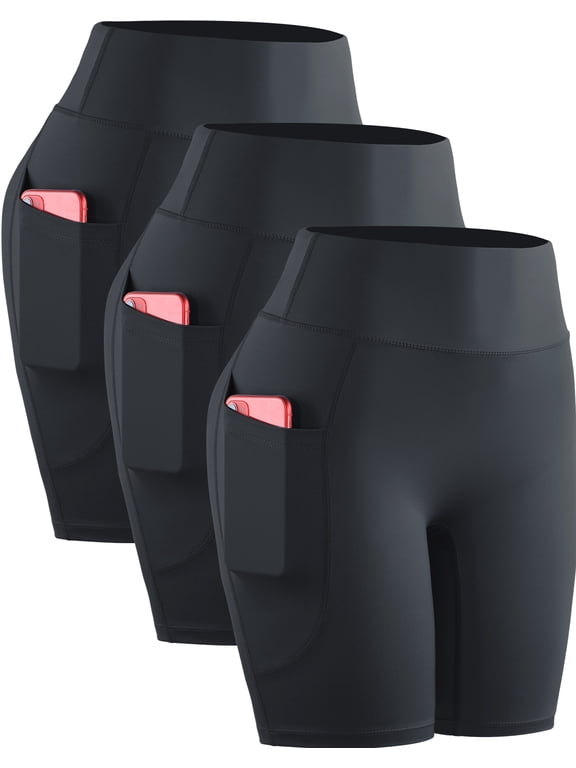 Womens High Waist Yoga Spandex Shorts for Workout Compression with Pockets,3 packs, Black,US Size XL