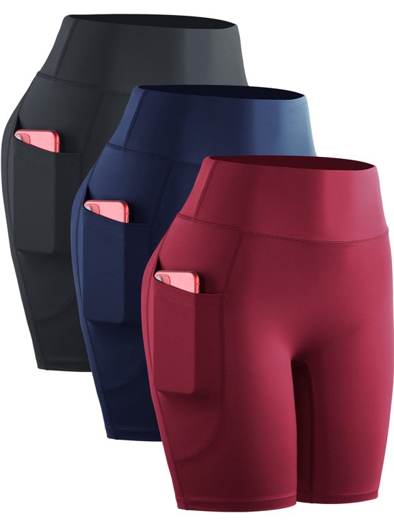 Womens Plus Size High Waist Yoga Spandex Shorts for Workout Compression with Pockets,Black+Dark Navy Blue+Red,US Size 2XL