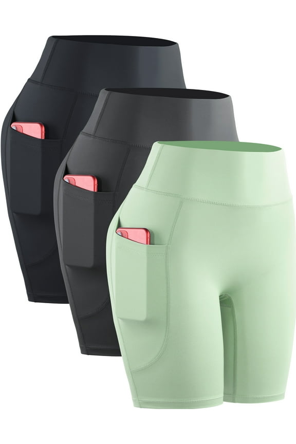 Womens High Waist Yoga Spandex Shorts for Workout Compression with Pockets,Black+Gray+Light Green,US Size 2XL